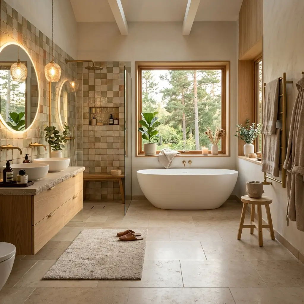 Electric underfloor heating under tile floor in newly renovated bathroom