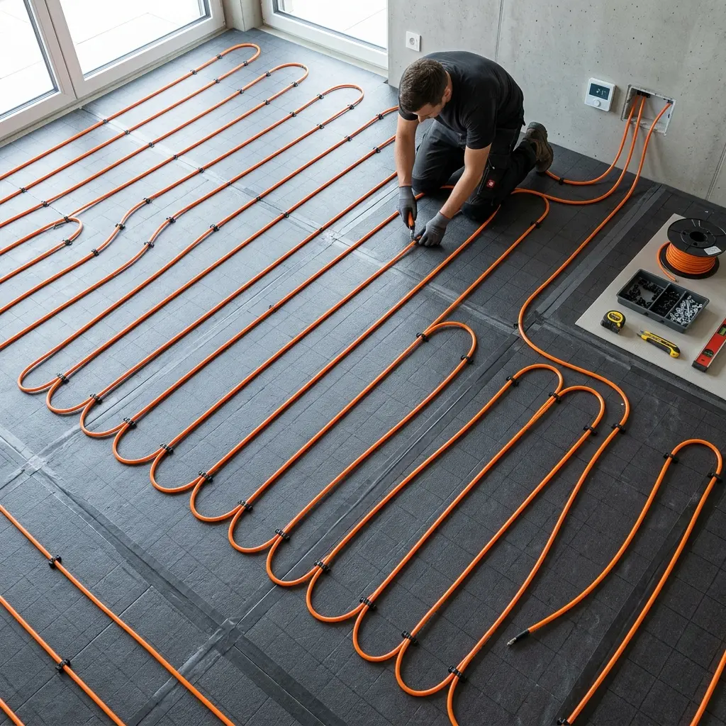 Laying heating cable prior to self-leveling screed in floor heating installation