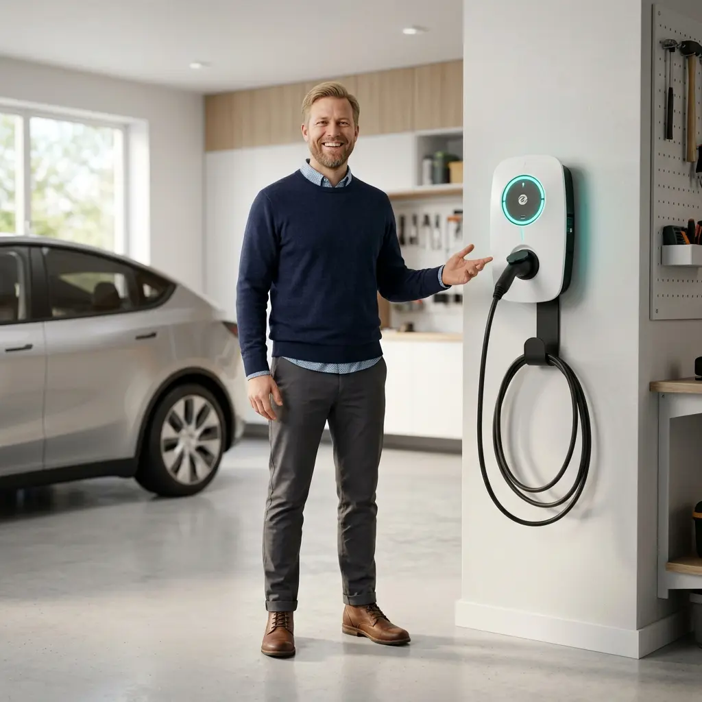 Satisfied customer in their garage next to a newly installed Zaptec Go EV charger by Smista Elinstallation
