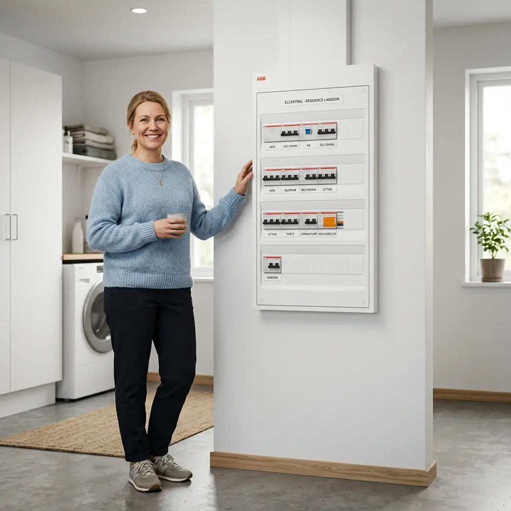 Satisfied customer showing a modern, safe and professionally labelled electrical panel replaced by Smista Elinstallation