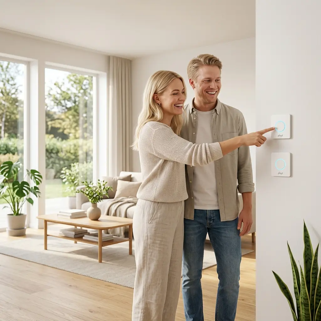Happy couple in their living room testing their new Plejd smart switches installed by Smista Elinstallation